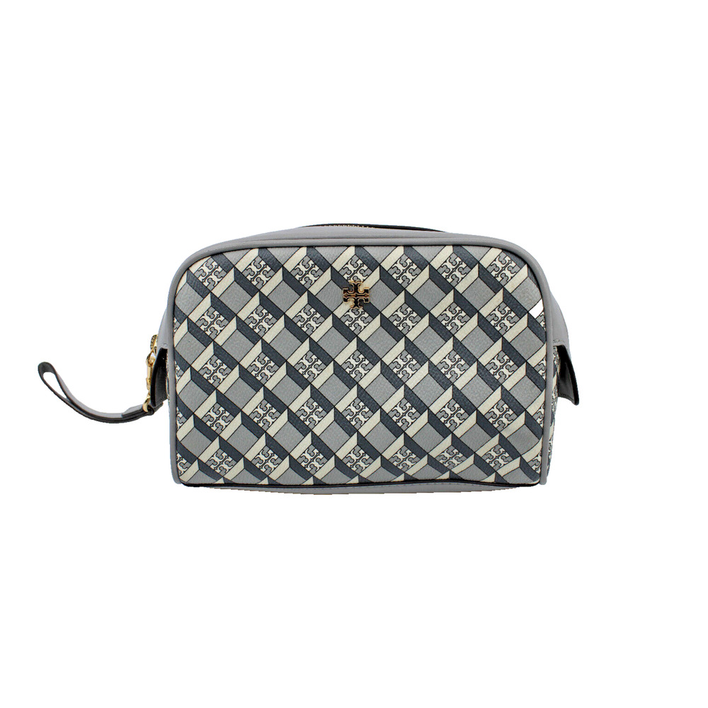 B6 Auth TORY BURCH Geometric Logo Essential Pouch Wristlet Makeup Bag $115 Gray